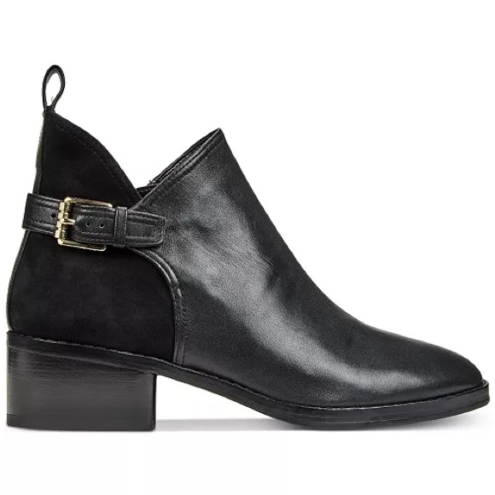 Cole Haan Black Leather Ankle Boot with Gold Buckle Accent - Picture 2 of 12